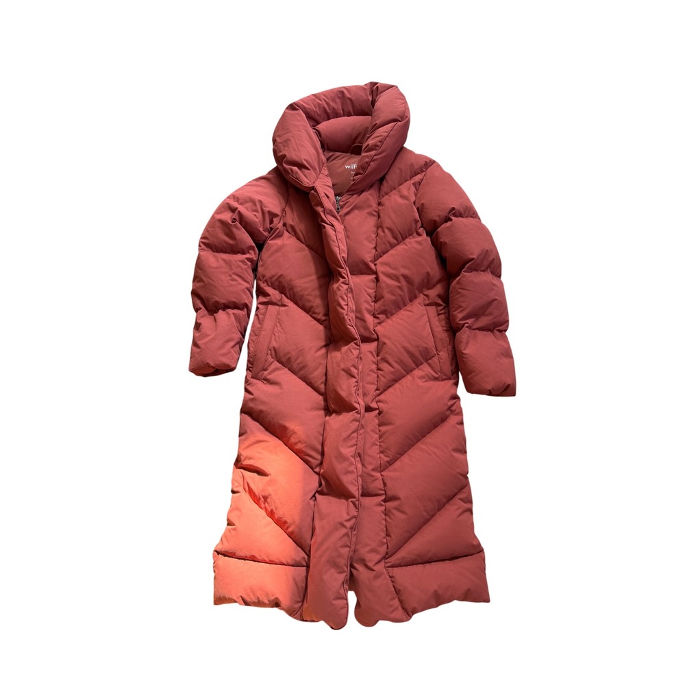 Wilfred Aritzia The Duvet Puffer Long Down Jacket Burnt Orange XXS Chevron Quilt